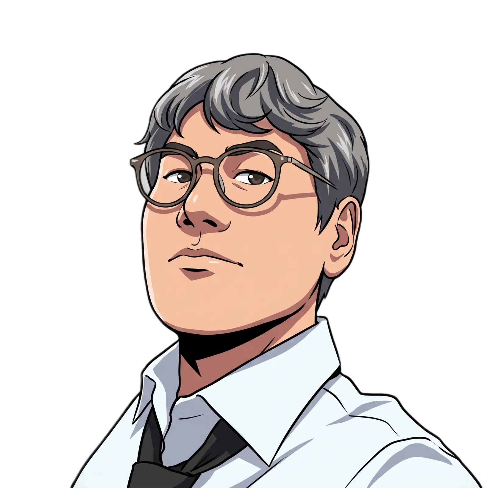 Illustrated portrait of Fabio Akita: grey hair, round glasses, white shirt and a dark tie, looking up with a confident half smile.