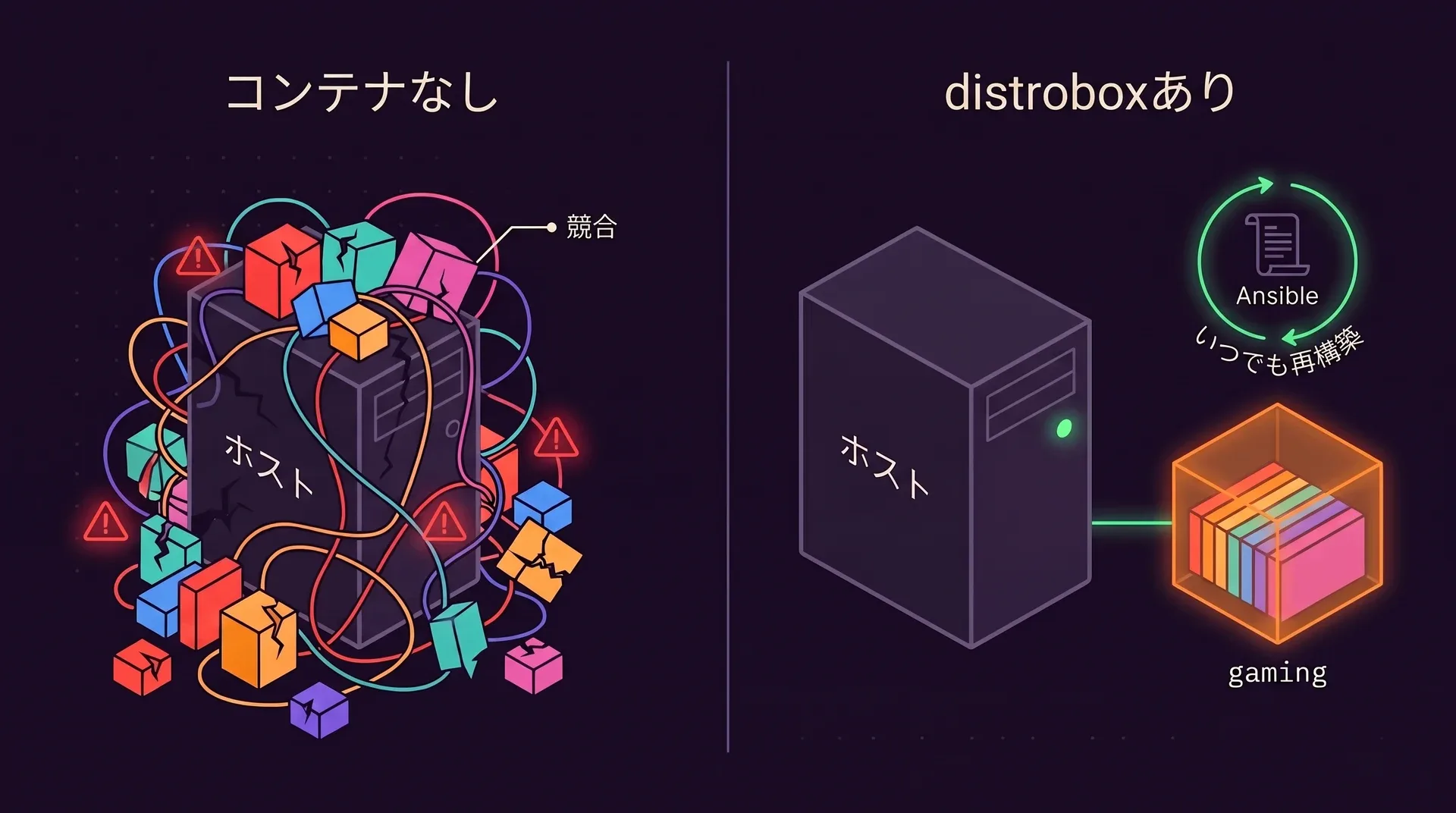 2つのパネル。コンテナなし：ホストのタワーがもつれたライブラリのブロックに埋もれ、赤い「競合」の警告が出ています。distroboxあり：同じホストは緑の点が付いてきれいなまま。隣のオレンジ色のgamingコンテナに同じブロックが整然と並び、「いつでも再構築」と書かれたAnsibleのレシピがあります。