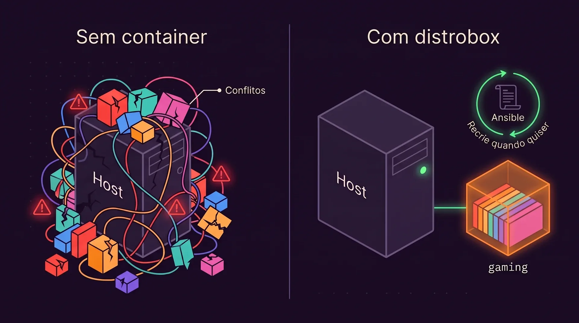 Dois painéis. Sem container: uma torre Host soterrada por um emaranhado de blocos de bibliotecas com avisos vermelhos de Conflitos. Com distrobox: o mesmo Host limpo com um ponto verde e, ao lado, um container laranja gaming com os mesmos blocos em fileiras organizadas e uma receita Ansible com o rótulo Recrie quando quiser.