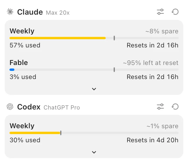 The macOS tray popover listing Claude Max, Codex, Cursor, SuperGrok and Antigravity, each with usage bars, percentage used and reset times.