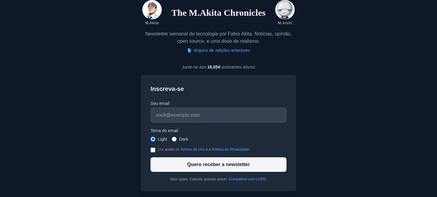 The M.Akita Chronicles subscription page: the title between cartoon avatars of M.Akita and M.Arvin, a line saying join 16,054 active subscribers, and an email sign-up form.
