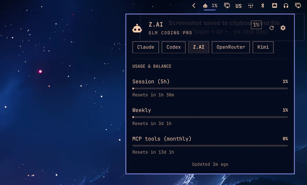 The ai-usagebar panel open in the Omarchy top bar, showing Z.AI GLM Coding Pro usage: session, weekly and monthly MCP tools, each with its reset time, and tabs for Claude, Codex, Z.AI, OpenRouter and Kimi.