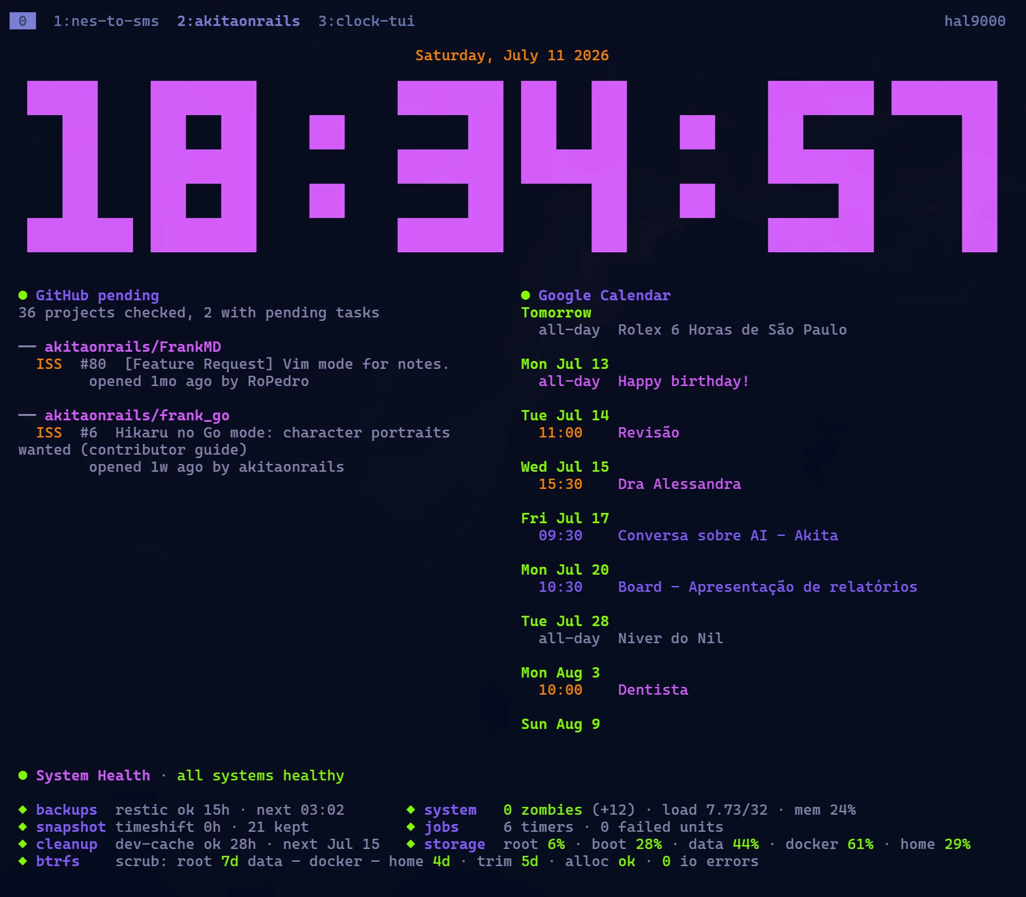 tclock with the Evangelion theme: large pixel digits, a GitHub pending widget, a Google Calendar widget and a system health strip.