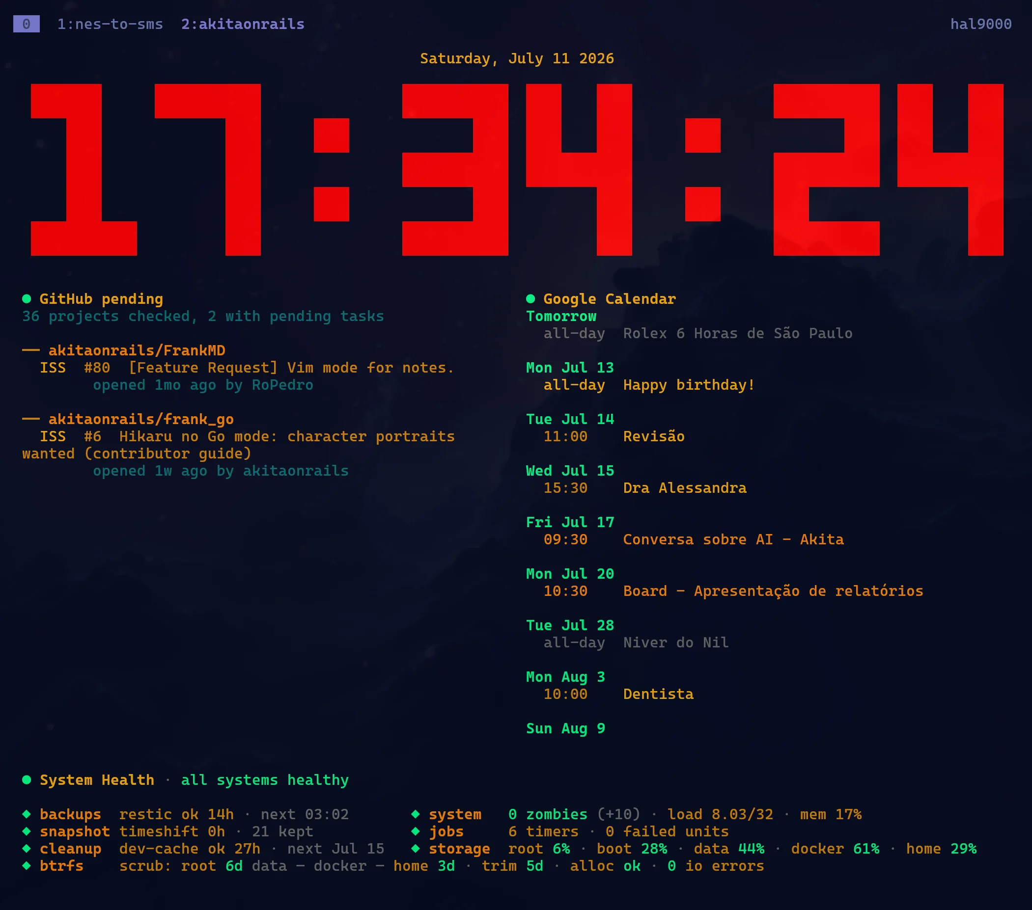 tclock with the NERV theme: 17:34:24 in large red pixel digits over a dark sky, a GitHub pending widget, a Google Calendar widget and a system health strip.
