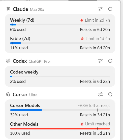 The Windows tray dashboard with provider usage bars.